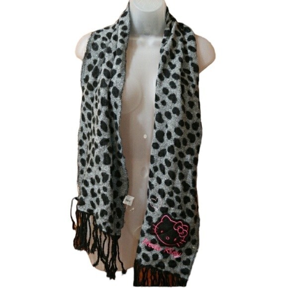Hello Kitty Leopard Print Gray & Black Embroidered Fringe Scarf. - Picture 1 of 8